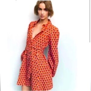 Zara Brigitte Geometric Print Belted Mini Shirt Dress in Orange